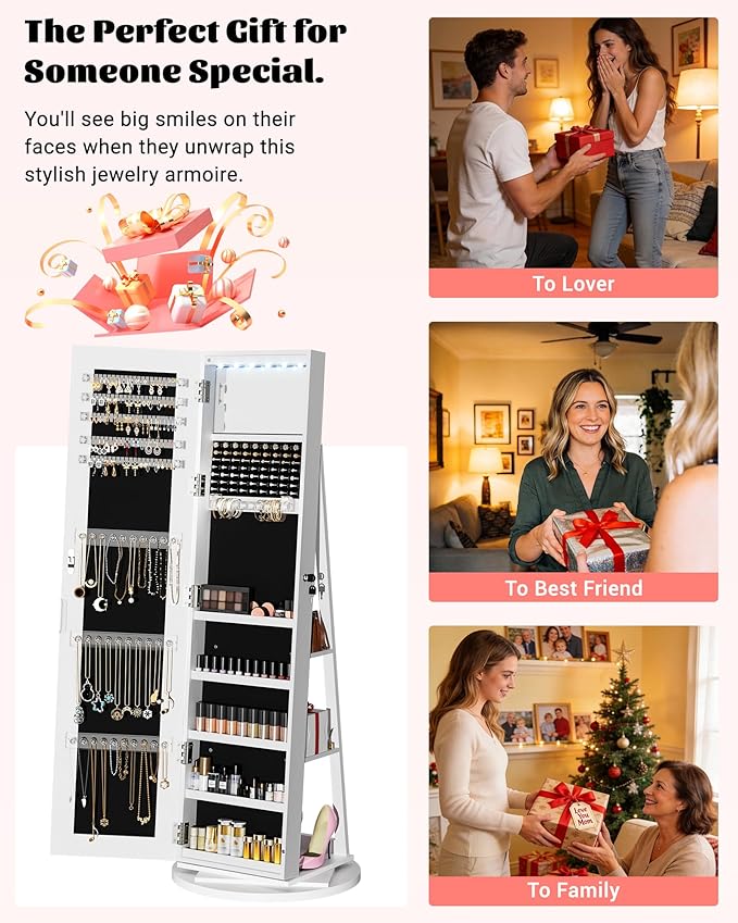 6 LEDs Jewelry Armoire with Frameless Full-Length Mirror, 360° Swivel Jewelry Cabinet Standing with 3 Back Shelves, Jewelry Organizer with Storage Lockable for Women Gift, White
