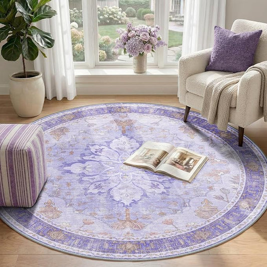 RELEANY Area Rugs Round 4ft Washable Non-Slip, Floral Vintage Distress Print Pattern Medallion Carpet for Living Room Bedroom Dining Room, Light Purple Brown