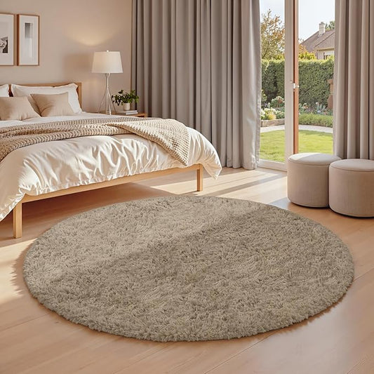 Gray Camel Round Fluffy Rug 6ft,Soft Bedroom Circle Rugs Mats for Kids Girls Nursery Room,Washable Plush Shaggy Indoor Non Slip Rug for Bedside Living Room Bedroom Circular Carpet,Home Decor Aesthetic