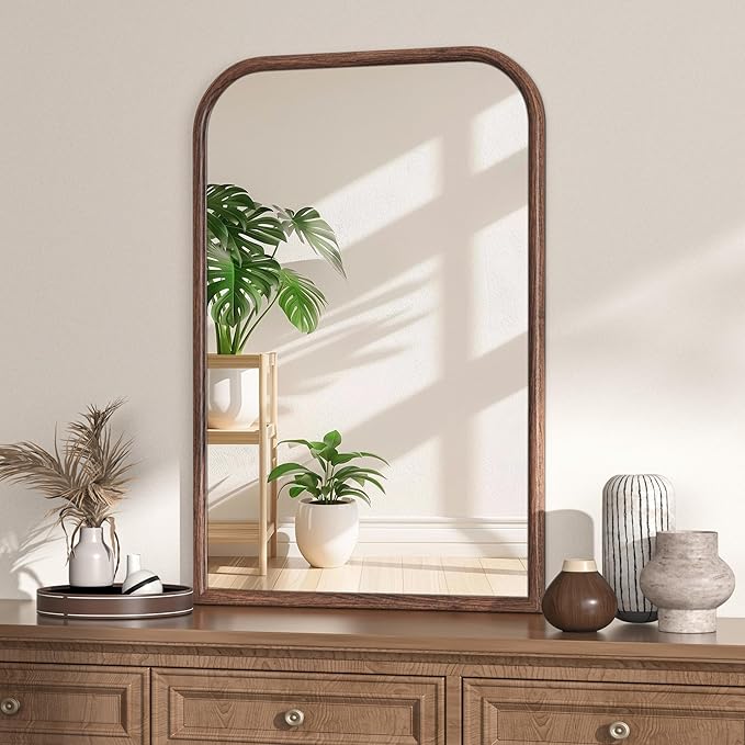24"x36" Arch Wall Mirror for Wall, Wall Mounted Vanity Mirror for Bedroom, Wood Grain Finish Frame Mirror with Tempered Glass, Vintage Decorative for Bathroom, Entryway, Living Room, Walnut