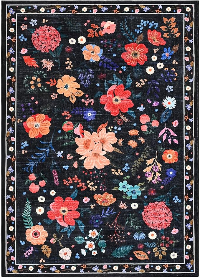 Macgace 5x7 Black Floral Rug for Girls Bedroom, Machine Washable Area Rugs with Non Slip Backingfor Living Room, Cute Flowers Carpet Kitchen Dining Room Kids Playroom Decor