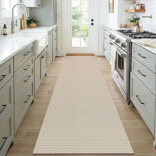 KOZYFLY Woven 3x7 Washable Kitchen Runner Rug, Non Slip Wide Runners for Hallway, Cotton Entryway Runner, Braided Floor Carpet for Entry, Kitchen, Bedside, Hall, Ivory/Camel/Brown