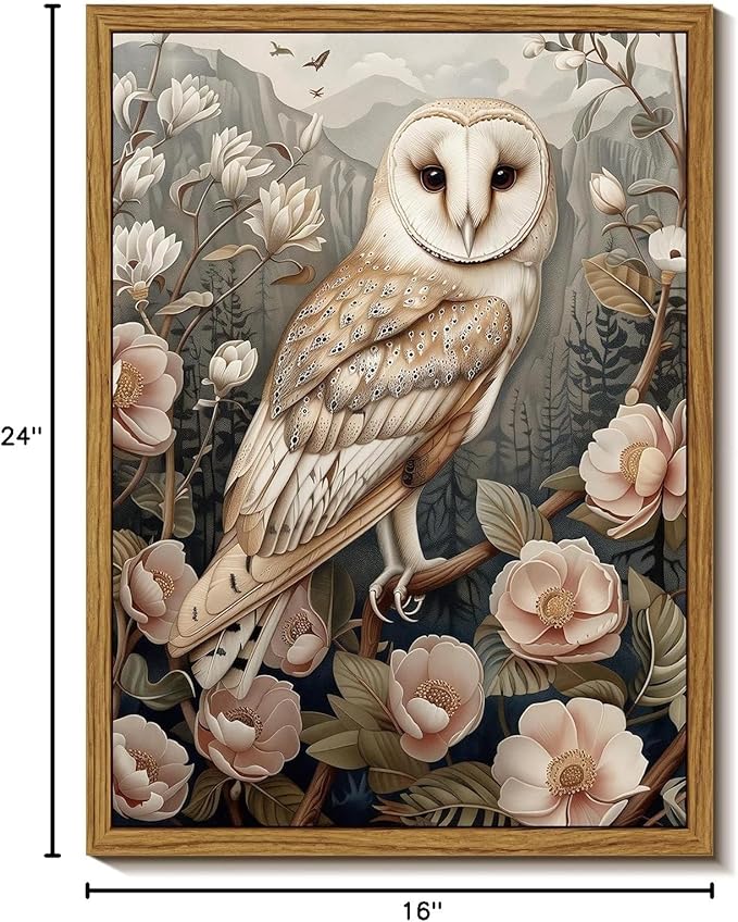 Djmwtb Framed Vintage Wall Art, Owl Wall Art,Flower Pictures Wall Decor,Nature Botanical Paintings Canvas Artwork Prints for Bedroom, Living Room 16x24in