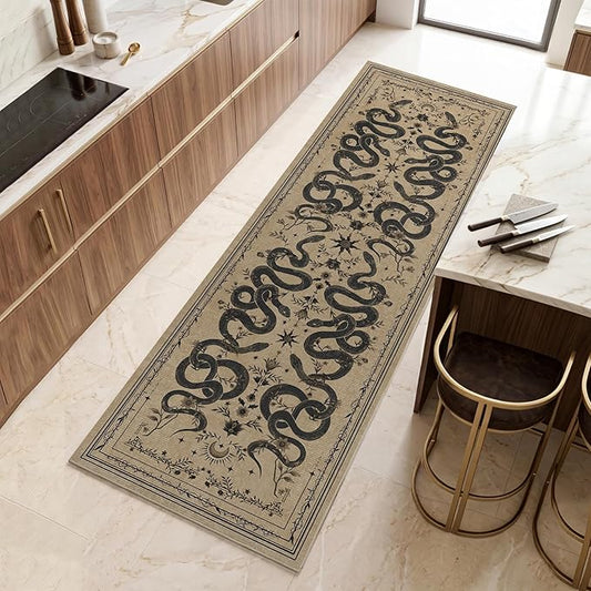 Garvee Snake Gothic Washable Kitchen Runner Rug 2x6 Dark Whimsical Unique Soft Thin Indoor Floor Mat for Bathroom Hallway Entryway Bedroom Indoor Decor Low Pile Non-Slip TPE Backing Taupe