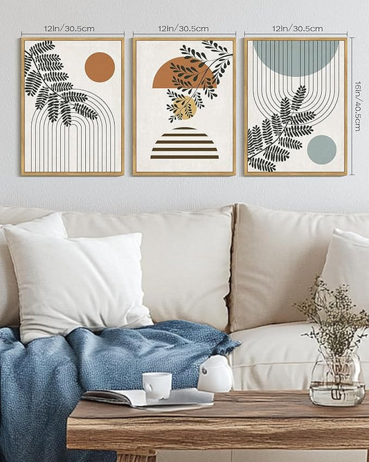 PHOPAGO Summer Boho Wall Art Botanical Modern Framed Wall Prints Abstract Neutral Geometric Prints Bohemain Plants Decor for Farmhouse Hallway - 12x16in Natural Framed
