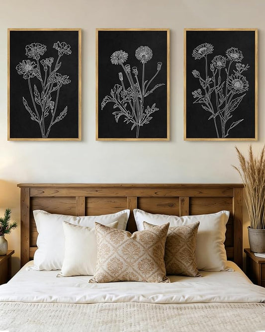 Drsoum Black White Flower Wall Art Vintage Minimalist Floral Wall Hanging Decor Bohemain Botanical Prints Artwork for Bedroom Living Room Hallway 24x36in Natural Framed