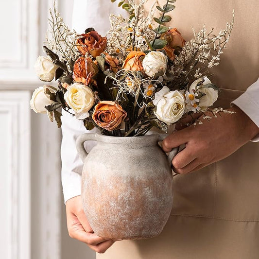 Dobbyby Ceramic Flower Small Vase 6 inch Farmhouse Rustic Vase Decorative Pottery Terracotta Vases for Home Decor Table Mantle Fireplace Living Room Bathroom Wedding Centerpiece