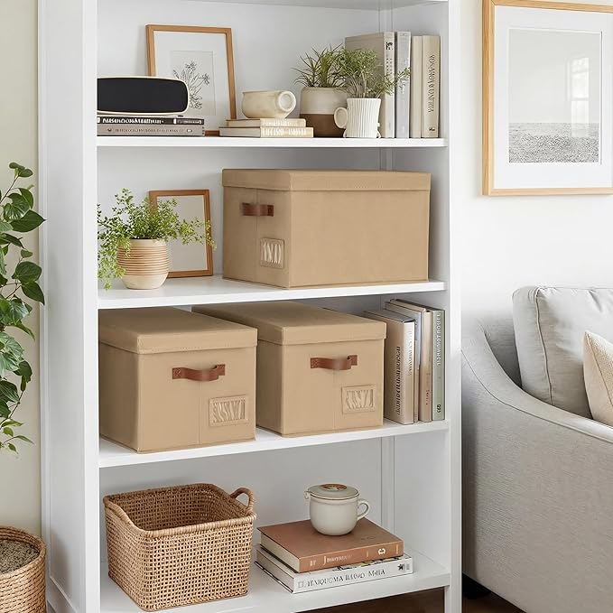 GRANNY SAYS Storage Bins with Lids, Storage Baskets for Linen Closet Shelves, Decorative Storage Boxes, Clothes Storage and Organization for Organizing, 3-Pack, Large, Brown