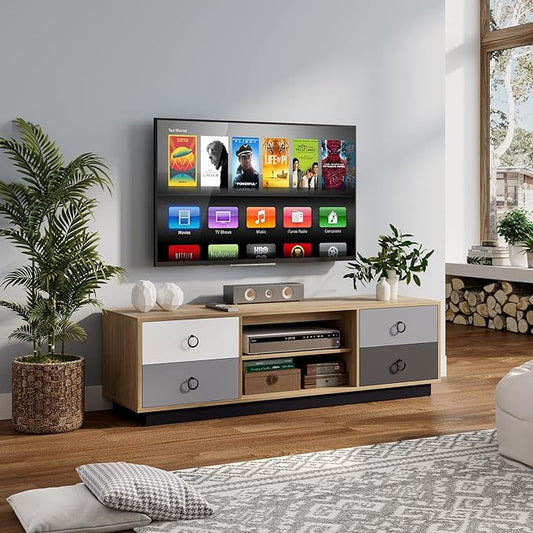Tangkula Modern TV Stand for up to 60” TVs, 55”L Minimalist Entertainment Center w/ 2 Doors & Open Shelves, 2 Cable Holes, Media Console Table Storage Cabinet for Living Room (Natural, 55”L)