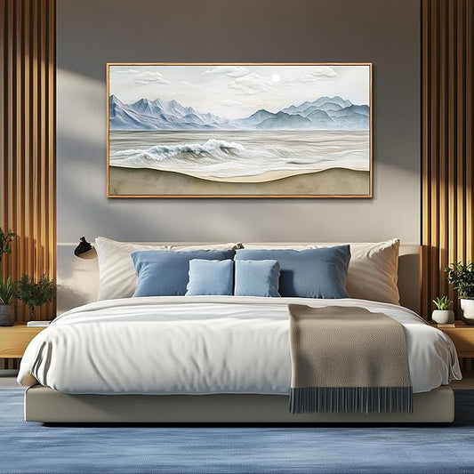 Wapluam Large Framed Canavs Wall Art,Ocean Wall Decor Living Room,Beach Pictures Wall Art,Nature Rustic Coastal Landscape Mountain Painting, Above Bed Wall Art, Sea Waves Artwork for Bedroom Bathroom