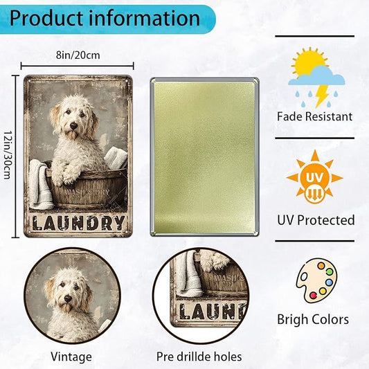 Labradoodle Dog Laundry Vintage Tin Sign Metal Aluminum Sign Iron Painting Vintage Wall Decoration Poster for Home Hotel Bathroom 12x8 Inch