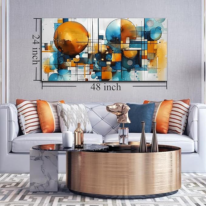 ENTANUB Abstract Canvas Wall Art for Living Room, Circle Wall Decor for Bedroom, Orange and Blue Canvas Print Paintings Artwork, Size 24x48 Inches