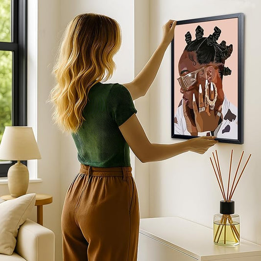 Black Girl Canvas Wall Art, African American Fashion Woman Illustration with, Black Wood Framed Vintage Wall Decor, Girls Room Poster Print for Bedroom Living Room Office 12x16 Inch