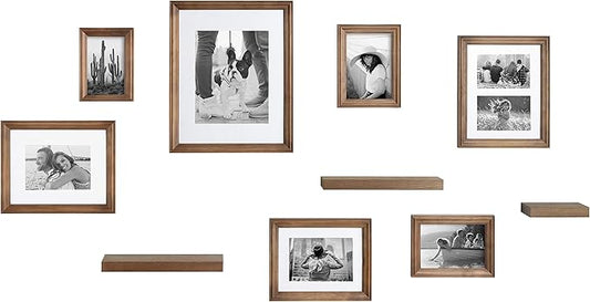 Kate and Laurel Bordeaux Gallery Wall Frame and Shelf Kit, Set of 10, Natural, Assorted Size Frames with Wood Finish and Three Display Shelves Included