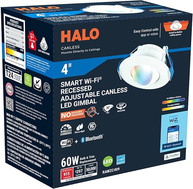 HALO 4 in Smart Wi-Fi Canless LED Recessed Downlight Connected by WiZ Pro with Adjustable Gimbal, Dimmable Full Color Changing, SpaceSense Motion Detection, Smart Home Compatible - RAWZC409
