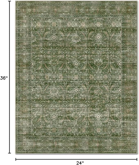 Washable 2x3 Entryway Rug, Boho Non-Slip Door Mat Vintage Distress Small Rugs for Kitchen Nursery Office Bedroom, 0.3" Neutral Oriental Throw Carpet with Cushioning Pad, Grass Green/Multi, D1