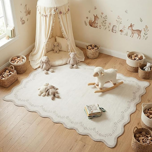 GarveeHome 4x6 Neutral Beige Scalloped Washable Area Rug for Girls Bedroom, Solid Floral Soft Nursery Rug Non Slip Low Pile Small Carpet Stain Resistant Throw Rug for Dorm Kids Room Office Dining Room
