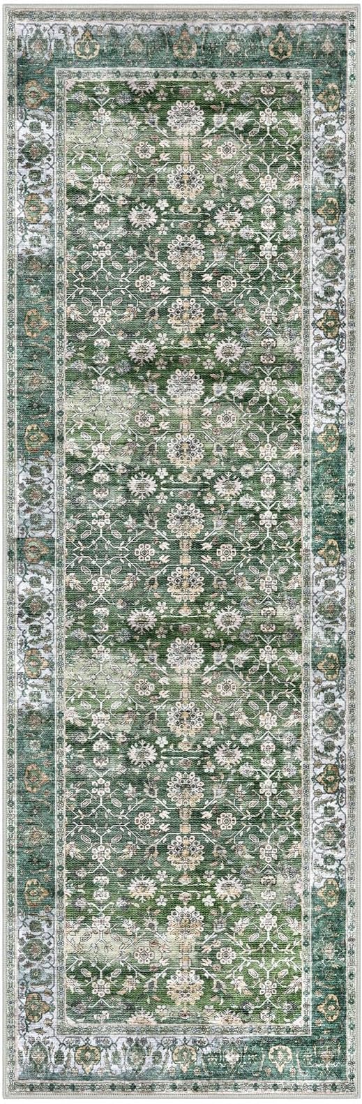 KUTA Vintage Wide Runners for Hallways 3x8 ft Green Washable Kitchen Runner Non Slip Rubber Backed Hall Runners Entryway Runner Rugs Floor Carpet for Indoor Backdoor Bedroom Kitchen