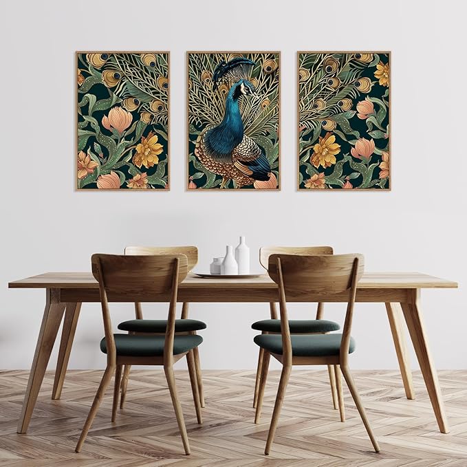 HLNIUC Elegant Peacock Wall Art Canvas,Boho Flower Wall Art,Blue Peacocks Artwork,Animal Feather Artwork,Vintage Animal Framed Decor,William Morris Prints for Living Room Bedroom Office-16x24x3