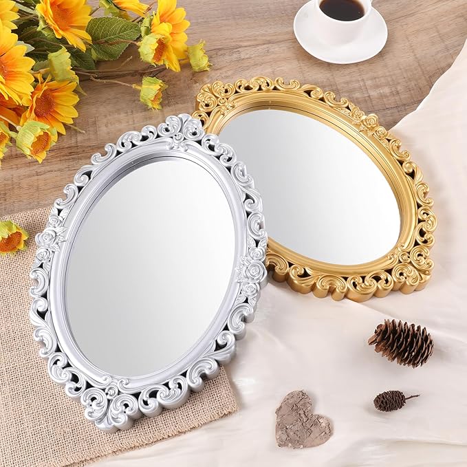 Ptwola 2PCS Vintage Decorative Wall Mirror Small Oval Wall Hanging Mirrors Antique Gold Carved Framed Mirror for Entryways Bedroom Living Room Dresser Decor