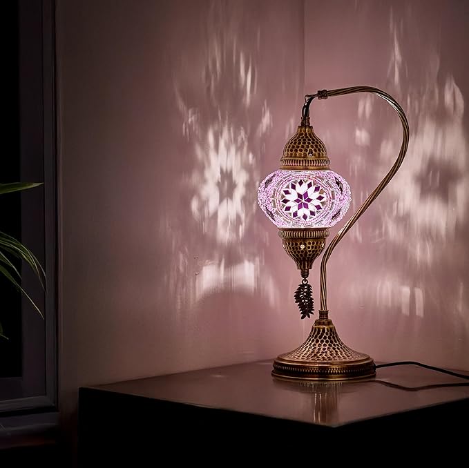 DEMMEX Turkish Moroccan Table Lamp, Swan Neck Tiffany Style Mosaic Glass Table Desk Bedside Lamp for Bedroom, Living Room – Handcrafted in Turkey, Lilac