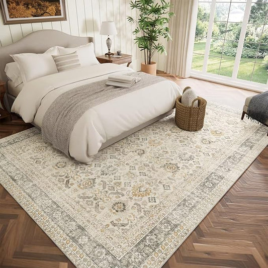 Washable 8x10 Area Rugs for Living Room, Boho Non-Slip Vintage Distress Large Rugs for Bedroom Dining Room Nursery Office, 0.3" Neutral Oriental Throw Thin Carpet, Grey/Beige/Multi, C2