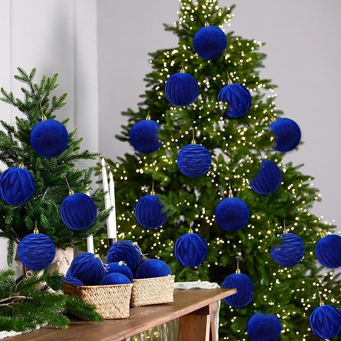 Liliful 12 Pcs Velvet Christmas Ornaments Balls, 4 Inch Flocked Plastic Christmas Tree Ball Shatterproof Hanging Ornaments Decorations for Xmas Tree Vintage Holiday Rustic Home Decor(Blue)
