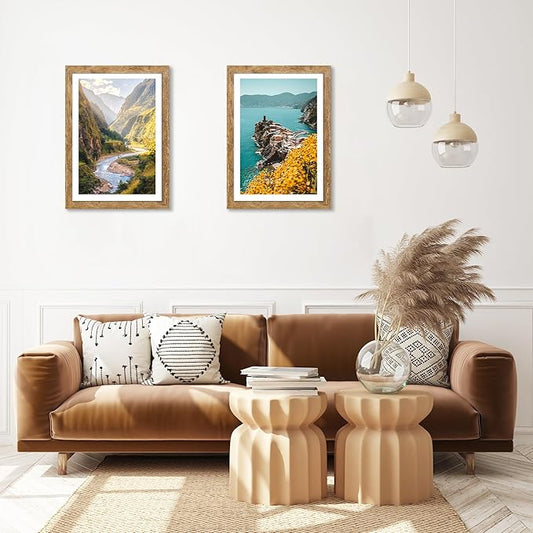 iRahmen 14x20 Picture Frame Set of 2, Brown Rustic Wood Poster Frame with Plexiglass, Display 12x18 Pictures with Mat or 14 x 20 Without Mat for Horizontal or Vertical Wall Mounting