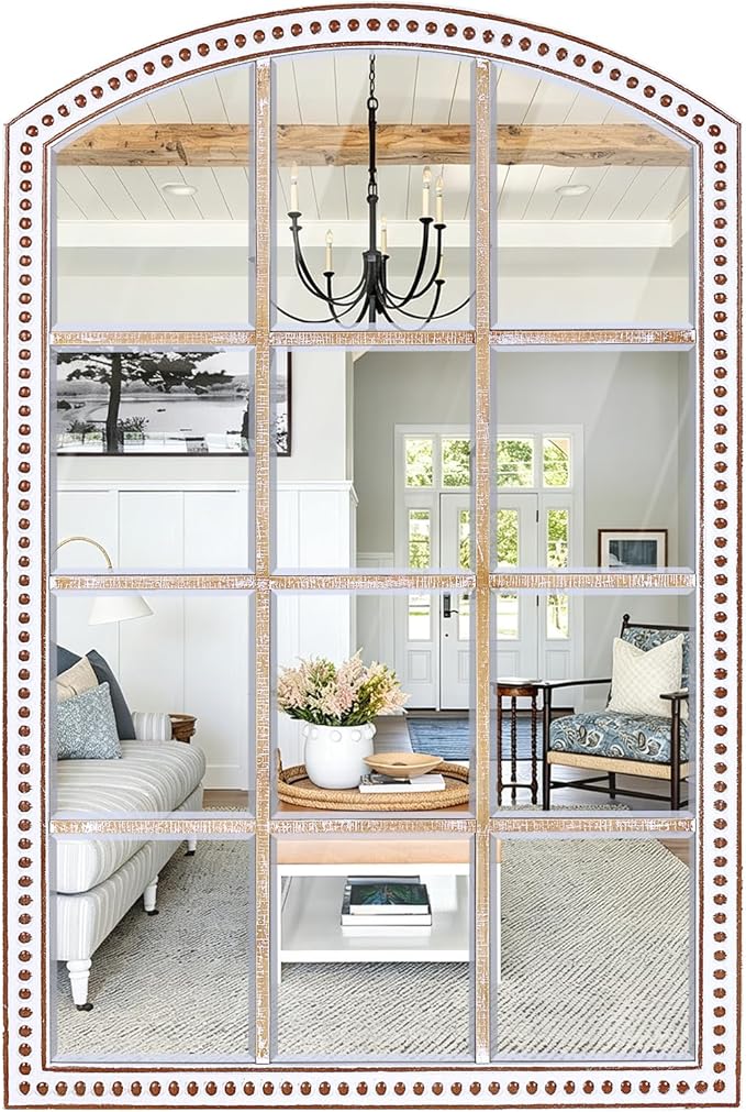 HOITUZYUS 42x28 Inch Farmhouse Arched Windowpane Wall Mirror, Rustic Decorative Mirrors for Living Room, Bedroom, Entryway, Hallway, Bathroom