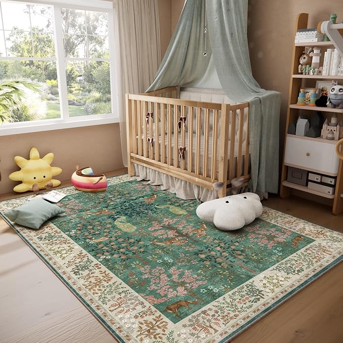Machine Washable Rugs for Living Room: 9x12 Bedroom Rug Vintage Area Rug Stain Resistant Non Slip Low Pile Lightweight Soft Carpets for Living Room Dining Room Kitchen Nursery Kids Room Farmhouse