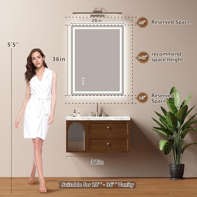 28x36 Inch LED Lighted Bathroom Mirror - Anti-Fog Vanity Mirror with Dimmable Front & Backlit, 3 Color Temp, Smart Memory - Shatterproof HD Glass, IP54 Waterproof Wall Mounted for Makeup Shaving