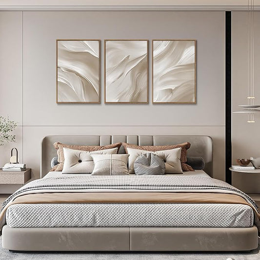 myusuar 3 Piece Large Abstract Framed Wall Art For Living Room, Smoke Texture Ink Beige White Canvas Wall Art Modern Minimalist Art Prints Wall Décor For Bedroom Office 16x24in