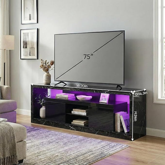 70 Inch TV Stand with LED Lights & Power Outlet, Modern Entertainment Center with Color-Changing RGB LED Strip, Sound Sync, App/Remote Control, High Gloss Black Marble Media Console for Living Room