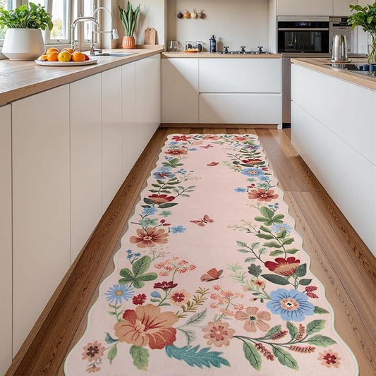 Lahome Floral Kitchen Runner, 2X6 Washable Runner Rug Non-Slip, Ultra-Thin Soft Hallway Rug Stain Resistant Boho Carpet for Bedroom Laundry Bathroom Flore, Light Pink