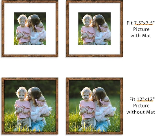 Picrit 12x12 Picture Frame Set of 12, Display 8x8 with Mat or 12 x 12 without Mat, Photo Frames for Wall Mounting Display, Brown