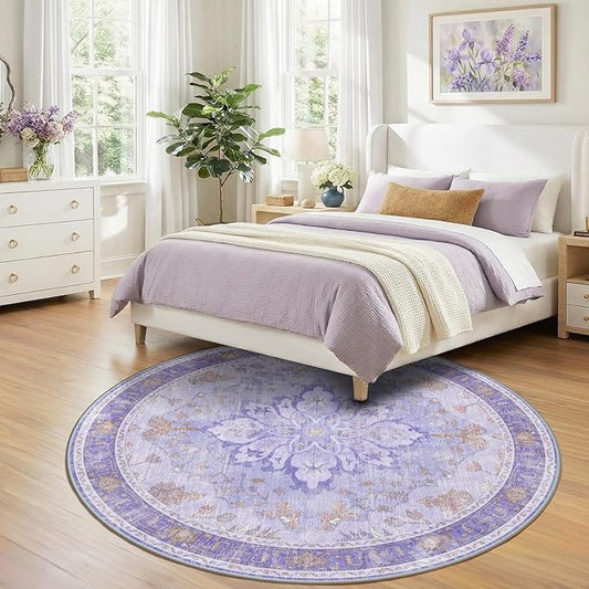 RELEANY Area Rugs Round 7ft Washable Non-Slip, Floral Vintage Distress Print Pattern Medallion Carpet for Living Room Bedroom Dining Room, Light Purple Brown