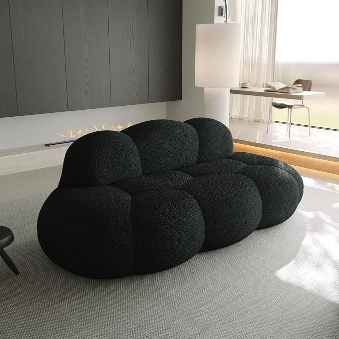 Modern Curved Sofa, 3 Seater, Soft Sherpa Upholstered Sofa, Minimalist Style Comfy Cloud Couch for Living Room Apartment, Black