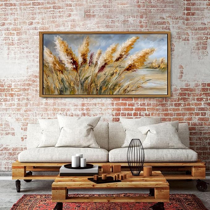 Vintage Wheat Field Framed Wall Art Countryside Golden Wheat Decor Farmhouse Rustic Landscape Picture Canvas Prints for Bathroom Kitchen Decorations Nature Botanical Painting Classical Artwork 30x57.8"