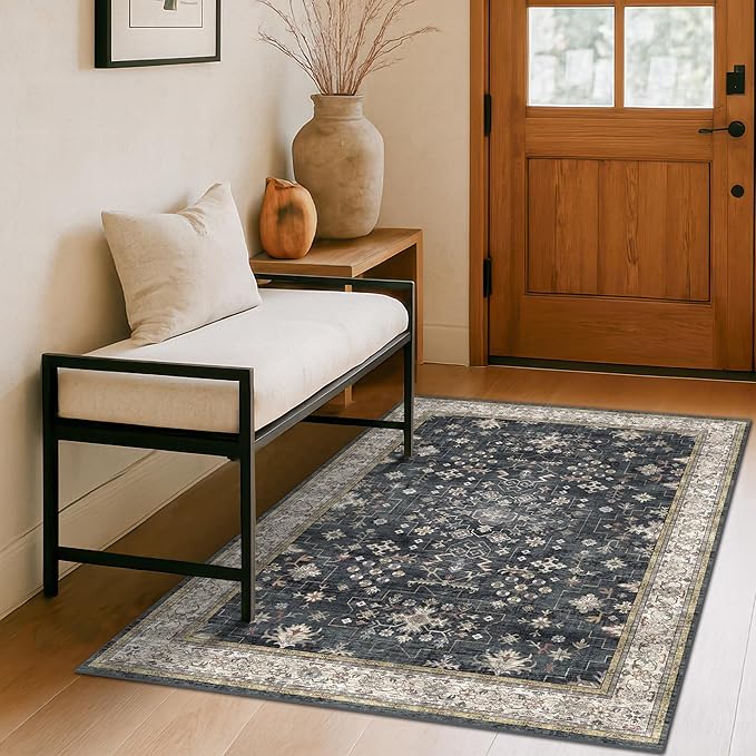 Black Boho Washable Entry Rug, 3x4 Rugs for Entryway Kitchen Bathroom Door Mat Indoor Entrance, Non Slip Rubber Backing, Stain & Fade Resistant, Ashen Charcoal Floral Design