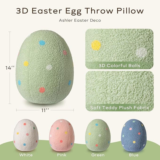 Ashler Egg Shaped Throw Pillow, Spring Home Decor, Teddy Fabric Decorative Cushion with Colorful Polka Dots Embroidery, Soft Pillow for Bedroom Living Room Couch, 14x11 in