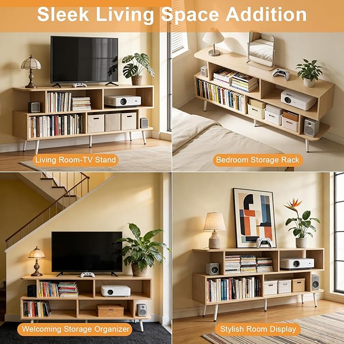 Lightdot 55 Inch TV Stand, up to 65 Inch TVs, Large Storage for Collection with 6 Open Shelves, Sturdy Media Console Table for Living Room/Entrance/Kitchen/Sofa Cabinet, Easy Assembly, Walnut