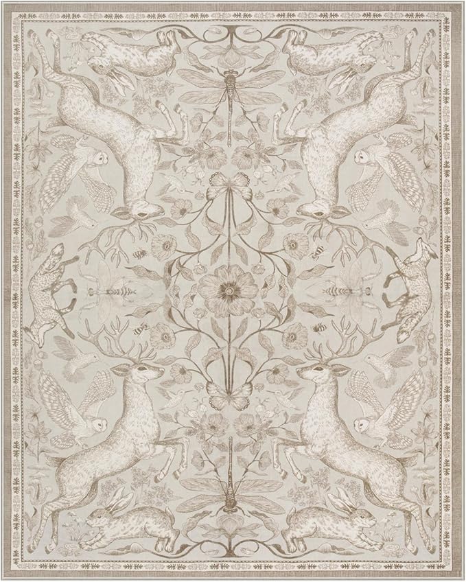 Lahome Dorval 6x9 Washable Deer Rug, Boho Cottagecore Neutral Area Rug, Non Slip Low Pile Soft Carpet for Living Room Dining Room Bedroom Office Nursery Farmhouse Home Decor Beige