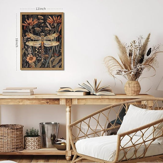 Framed Vintage 3D Textured Wall Art Dark Green Dragonfly Flowers Wall Decor Hand Drawn Sandstone Nature Botanical Paintings Pictures for Living Room Bedroom 16x24 inch