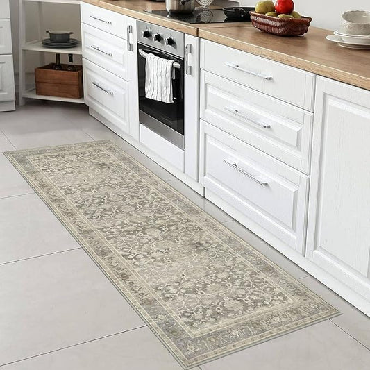 KUTA Vintage Washable Runner Rug, 2x6 Beige Runners for Hallways Non-Slip Kitchen Rugs Ultra Thin Soft Printed Oriental Floral Floor Carpet for Laundry Bedroom Living Room Nursery