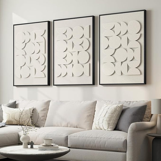 Large 3D Textured Framed Abstract Wall Art for Living Room, Set of 3 Modern White Paintings Artwork for Walls, Minimalist All White Geometric Pictures for Bedroom Hallway Office Wall Decor 24x36 In