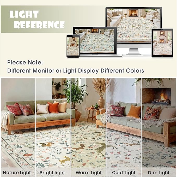 9x12 Area Rugs Washable Rug: Lagre Boho Living Room Rug Soft Non-Slip Thin Carpet Indoor Floor Non-Shedding Neutral Floral Carpets for Bedroom Dining Room Farmhouse Nursery Beige Animal