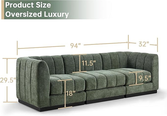 Morden Fort 96" Modular Sectional Sofa, Deep Seat Chenille Couch with High Density Foam Cushions, 3-Seat Modern Minimalist Sofa for Living Room Apartment, Green