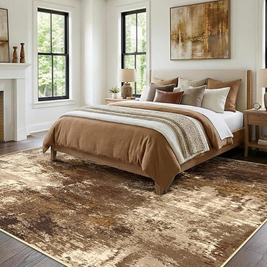 RELEANY Washable Area Rugs 9'x12' Non-Slip Modern Abstract Soft for Living Room Entryway Bedroom Nursery, Print Pattern, Brown Tan Beige Coffee