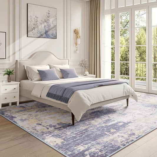 RELEANY Washable Area Rugs 6'x8' Non-Slip Modern Abstract Soft for Living Room Entryway Bedroom Nursery, Print Pattern, Purple Grey Cream Yellow
