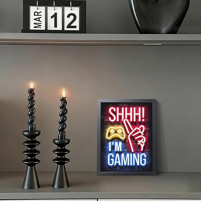 Framed Funny Gamer Wall Art, Boys Game Room Wall Decor, Shhh I’m Gaming Neon Canvas Print Painting, Colorful LED Style Gaming Room Decor Oil Painting for Kids Teens Bedroom 8x10 Inch